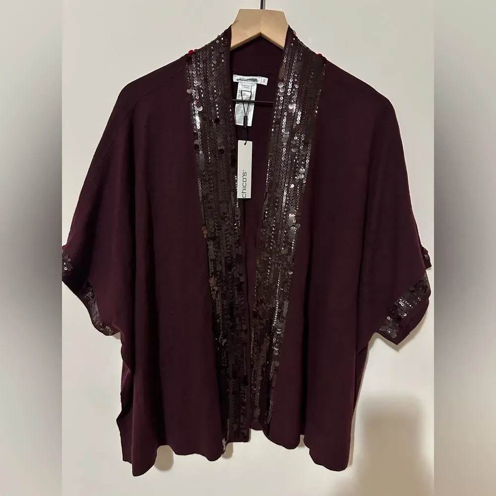 Chico's Sequin Open Front Cardigan S/M Purple‎ Placket Ruana Short Sleeves Bogo